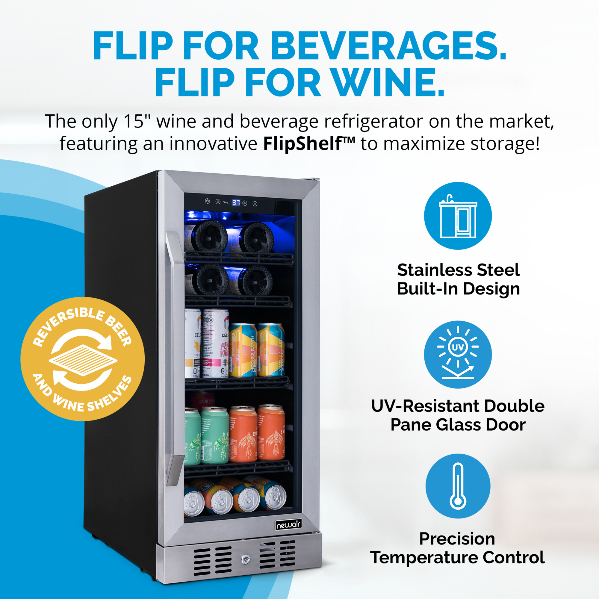 Newair, 15in. FlipShelf Wine Beverage Fridge 33 Bottles, Bottle Capacity 33 Can Capacity 80 Model# NWB060SS00